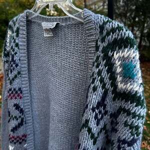 Vintage Croquet Club Boho Knit Cardigan Sweater Gray Patterned Sleeves Size M